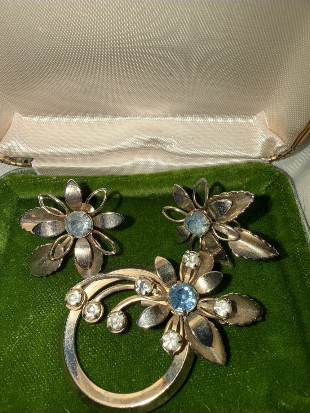 Silver-Tone Blue Crystal Floral Brooch and Clip-On Earring Set
